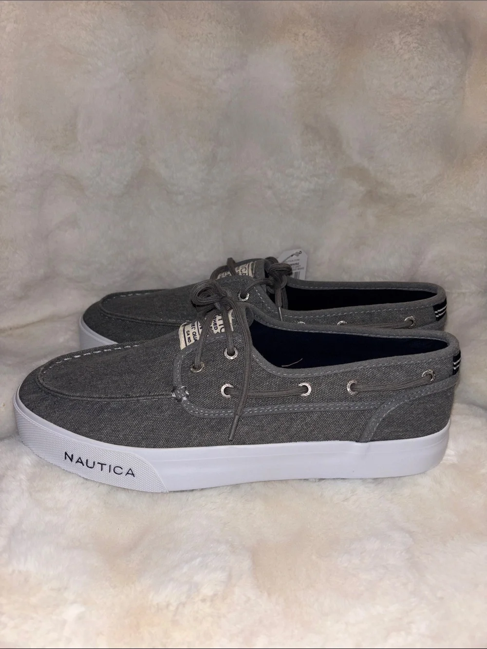 Nautica Men's Gray Canvas Lace-Up Boat Shoes with White Sole